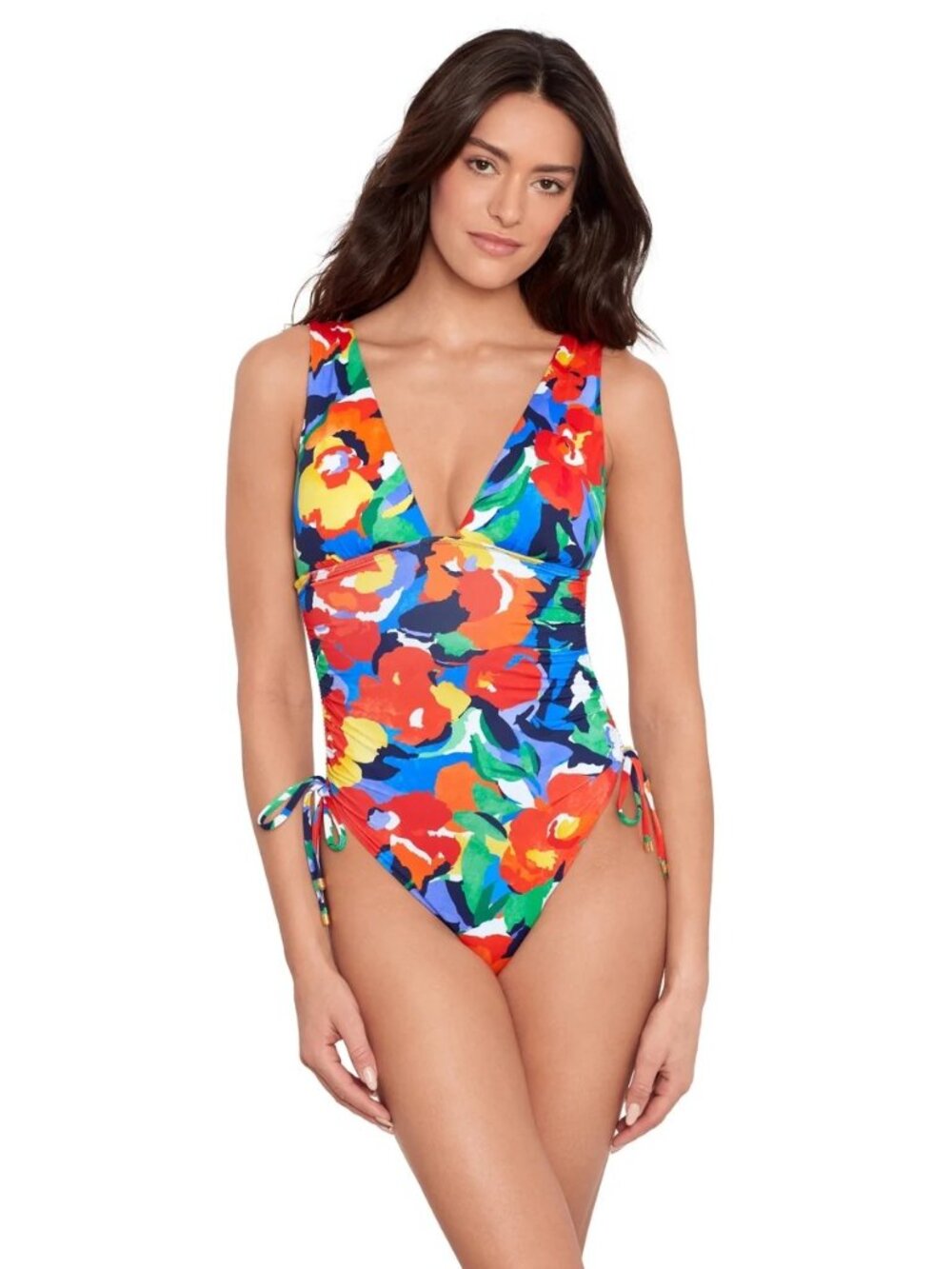 NWT Ralph Lauren Floral Shirred Plunge One Piece Bold Abstract Size 4